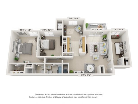 Floor plan for 3 beds, 2 baths, 1214 sqft